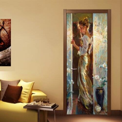 PVC Self Adhesive Waterproof Wallpaper Modern Retro Figure Oil Painting Mural Door Sticker Living Room Bedroom Wall Stickers 3 D