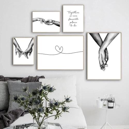Romantic Hand In Hand Nordic Poster Black White Pinky Promise Canvas Painting Prints Wall Art Pictures Couples Lovers Room Decor