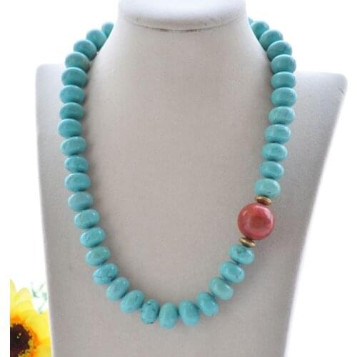 S2455 19" 20mm Round Red Coral & Oblate Turquoise Bead Necklace