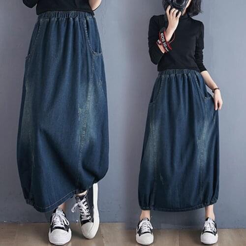 Grained white stitching washed denim skirt fashion plus size spring summer new women mid-length elastic waist lantern skirt s389
