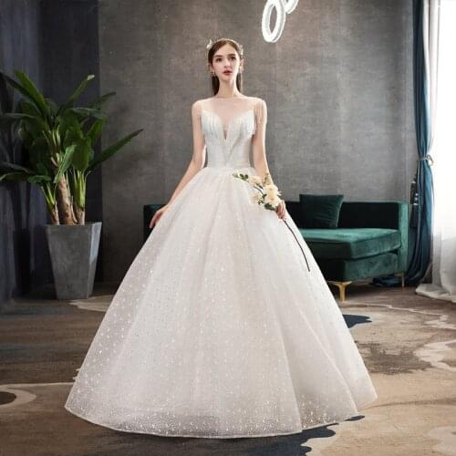 Wedding Dresses Illusion O-Neck Sequined Beading Embroidery Sleeveless Lace Tulle Floor-Length Backless Women Bride Gown GB059