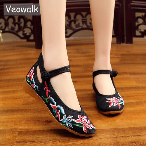 Veowalk Rhinestone Embroidered Women Cotton Fabric Ballet Shoes Cut out Ankle Strap Ladies Canvas Chinese Embroidery Shoes