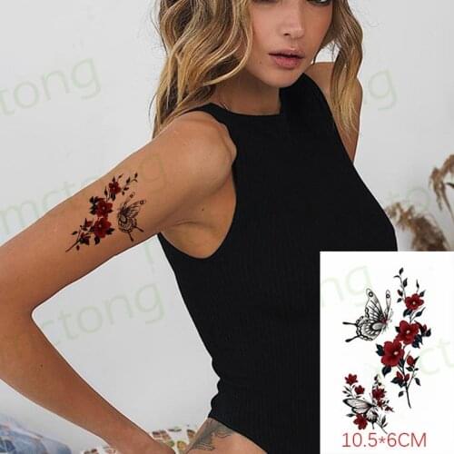 Waterproof Temporary Tattoo Sticker Red Flower Butterfly Sexy Body Art Flash Tattoo Fake Tattoo For Women Men 10.5*6cm