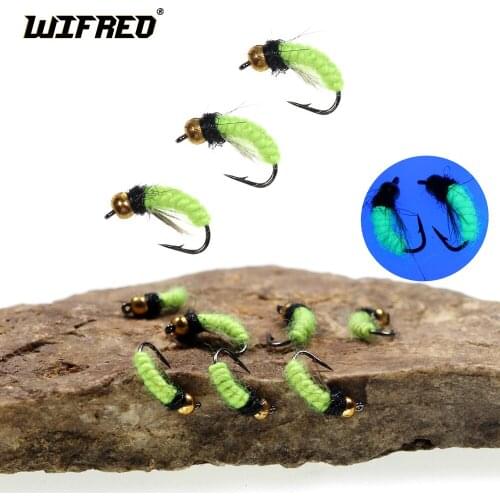 WIFREO 8PCS Brass Beadhead Fishing Flies UV Green Scud Bug Cezch Fly Fishing Nymphs Lure Bait For Trout Fishing #12