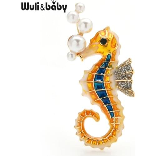 Wuli&baby Pearl Seahorse Brooches Women Unisex 3-color Enamel Sea Animal Party Casual Brooch Pins Gifts