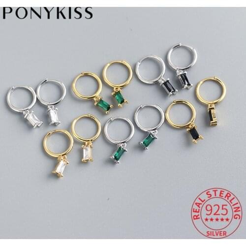 PONYKISS Real 925 Sterling Silver Colorful Square Zircon Hoop Earrings for Women Anniversary Fine Jewelry chic Accessory