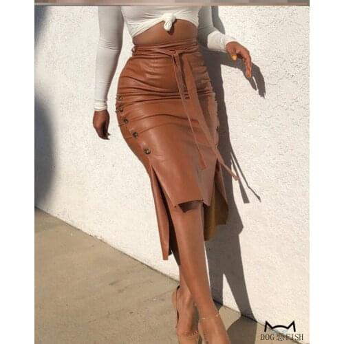 Leather skirt 2021 new womens leather skirt split Slim mid-length package hip skirt PU leather skirt