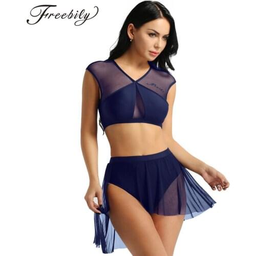 Women Asymmetrical Ballet Tutu Dancewear Female Mesh Splice Crop Top with Leotard Skirt Adult Stage Lyrical Dance Costumes Set
