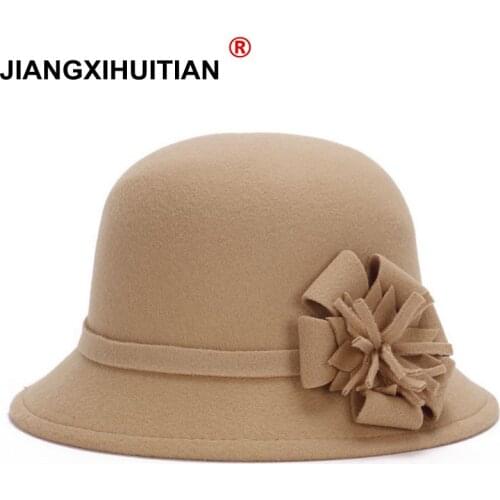 2017 Hot Vogue Ladies Women Vintage Imitation Wool Rose Flower Felt Fedora Hat Fall Winter Cloche Bucket Cap Dome 6 Color