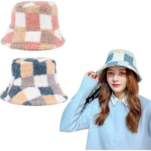 2021Winter Outdoor Vacation Lady Panama Black Solid Thickened Soft Warm Fishing Cap Faux Fur Rabbit Bucket Hat Women Hairy Plaid
