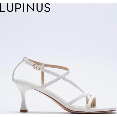 LUPINUS 2021 New Summer Narrow Band Women Sandals Fashion White Square Toe Women High Heels Metal Buckle Thin Heel Women Pumps