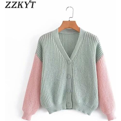 ZZKYT 2021 Women Spring Fashion Color Matching Cardigan Sweater Vintage V-Neck Long Sleeve Single Breasted Female Outerwear Tops