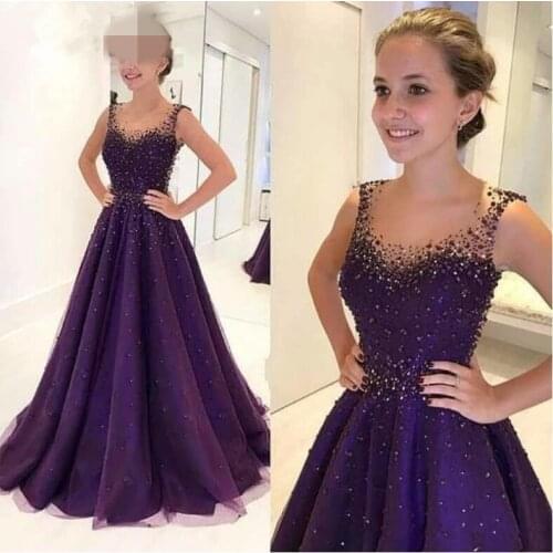 Saudi Arabic Purple Evening Dresses 2019 A-line Tulle Beaded Elegant Islamic Dubai Long Evening Gown