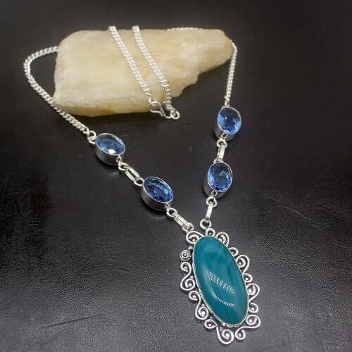 Hermosa Green BotswanaAgate BlueTopaz Fashion Jewelry Silver Color Women Pendant Necklace Chain 19 Inch HD345