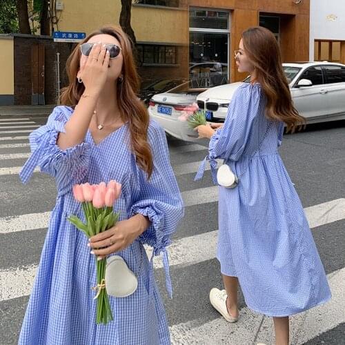 2021 Summer Women Striped Robe Femme Ladies Dresses Vestidos Elegantes V-neck Geometric Puff Sleeve Casual Robes Dress