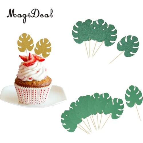 10pcs Hawaiian Glitter Paper Leaf Cupcake Pick Topper Party Decoration