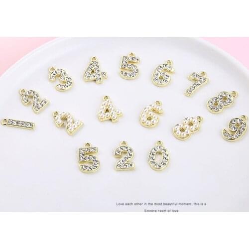 10pcs Rhinestone Pearl Arabic Numerals Charms Numbers 0 To 9 Alloy Golden Metal Charms Pendants For Necklace Jewelry Accessory