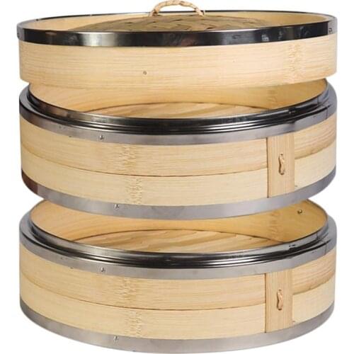 2 Tier Kitchen Bamboo Steamer with Double Stainless Steel Banding for Asian Cooking Buns Dumplings Vegetables Fish Rice
