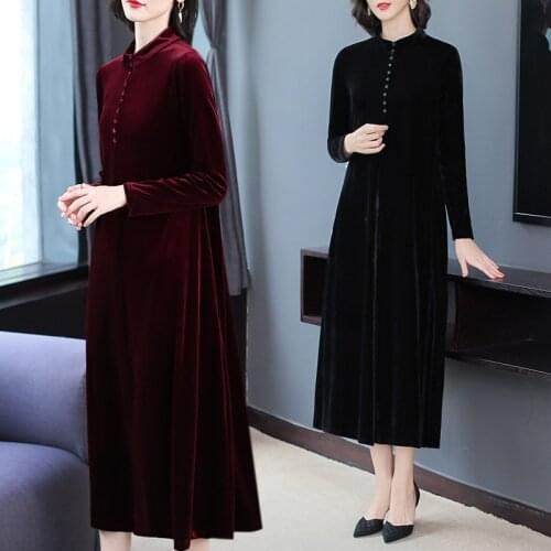 2021 Autumn Winter Buygundy Solid Warm Dresses Elegant Women Red Gold Velvet Midi Dresses Elegant Vintage Bodycon Party Vestidos