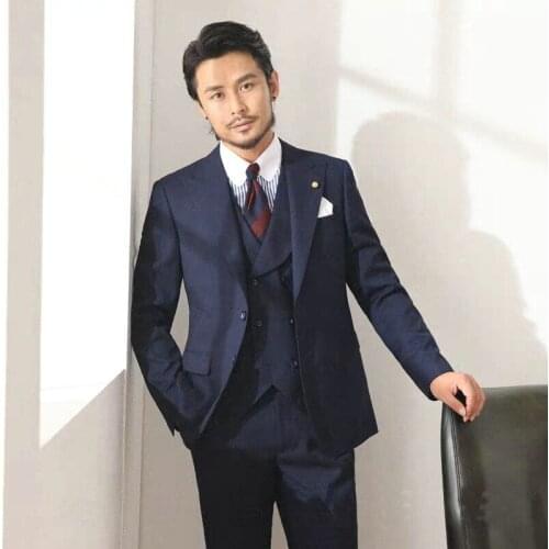 2021 Latest Designs Navy Blue Double Breasted Vest Formal Men Wedding Suit Slim Fit Tuxedo Custom Made Groom Prom Blazer 3 Piece