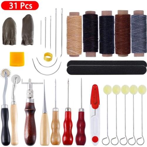 31 Pcs Leather Craft Hand Stitching Tools Leather Sewing Supplies DIY Tools with Saddle Groover Punch Needle Tools Wood Metal