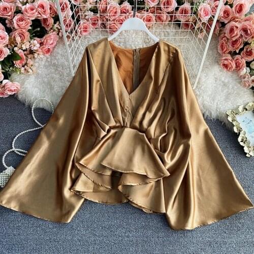 Womens Spring Autumn Runway Fashion Ruffles Satin Shirt Female V Neck High Waist Casual Blouse Tees Tops TB1598