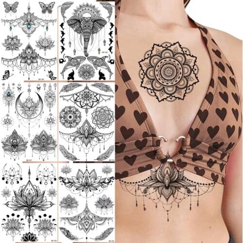 Black Mandala Henna Temporary Tattoos For Women Girls Elephant Butterfly Whale Pendant Lotus Fake Sticker Chest Arm Tatoos Party