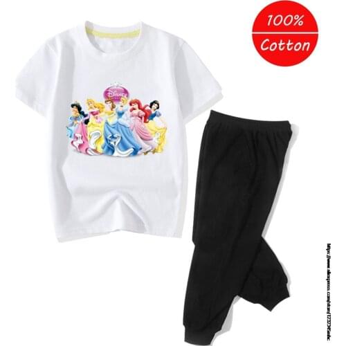 Disney Princess New Cotton Baby Clothing Fashion Casual Cartoon Pattern Childrens 1-10 Years Old T-shirt + Trousers Two Pieces