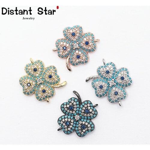 0.78*0.8in Exquisite Four Leaf Diy Jewelry Bracelet Accessories Copper Zircon Jewelry Making Bracelet Necklace Connector Hole