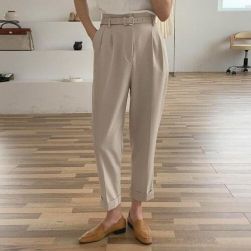 2021 Spring Summer Suit Pants Womens Casual Thin Ankle-Length Pants High Waist Sashes Pockets Office Ladies Pants
