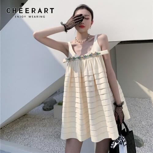 CHEERART Rhinestone Tucker Backless Summer Tank Dress 2021 High Fashion Beige V Neck Korean Fashion Designer Babydoll Dress