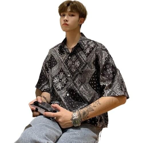 ICCLEK New Summer Flower Shirt Loose Ins Hong Kong Style Spring and Summer Mens Short-Sleeved Shirt Korean Style Trendy Top