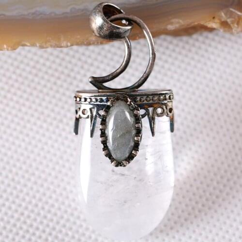 Charm Necklace Pendant Natural Gem White Crystal Labradorite Oval Bead Antique Crown Half Moon Jewery Gift 1Pcs K782