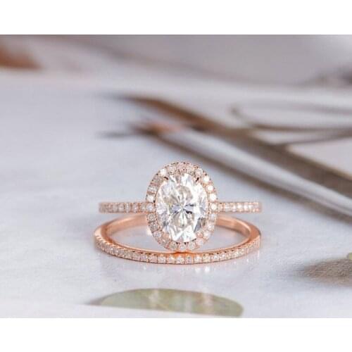 Solid 14K Pink Gold Center 1.5ct 6*8mm Oval Cut Moissanite Halo Bridal Ring Set Half Eternity