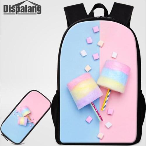 Girls Lovely Candy Backpack Marshmallow Printed School Bags For Schoolgirl 2 PCS Backpacks Pencil Bag For Student Daily Rucksack