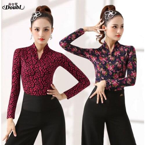 DOUBL Modern Dance Top Womens Long Sleeve Dance Social Dance chacha rumba samba Dance T Shirt Spring Printing Workout Traning
