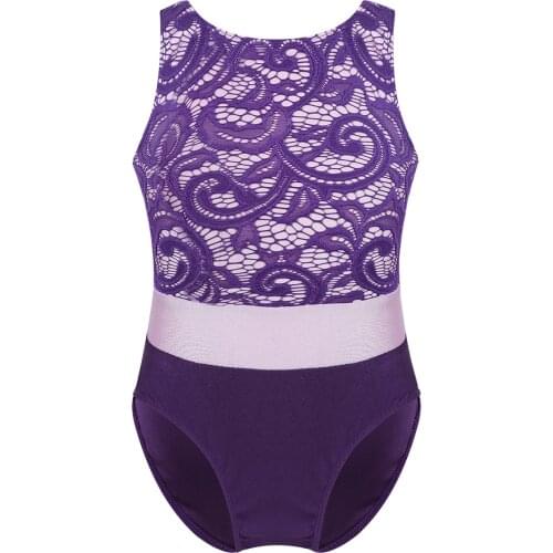 Kids Sleeveless Lace Color Block Dancewear Gymnastics Leotards for Girls Ballet Dance Competition Stage Performance Costume