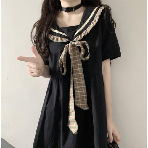 Japanese Cute Bow Black Dress Women Summer 2021 New Navy Collar Sweet Short Sleeve Loose Slim Kawaii Midi Dresses Vestido Mujer