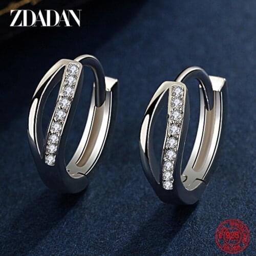 ZDADAN 925 Sterling Silver 15MM Inlaid Zircon Hoop Earring For Women Fashion Wedding Party Jewelry