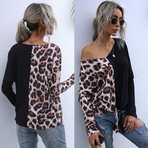 Leopard print V-neck stitching short long-sleeved blouse Autumn/winter womens fashion street slim casual T-shirt womens wear