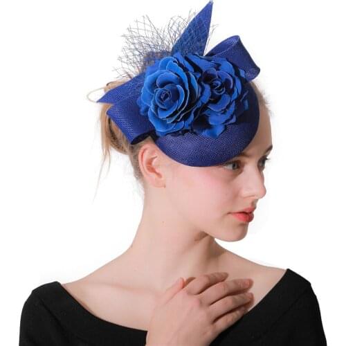 Ladies Vintage Royal Blue Hair Fascinator Accessories Wedding Bow Headwear Women Ladies Fedora Cap Mesh Formal Occasion Headwear