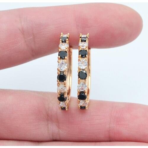 Gold Color Women White Black Cubic Zirconia CZ Huggie Hoop Earrings
