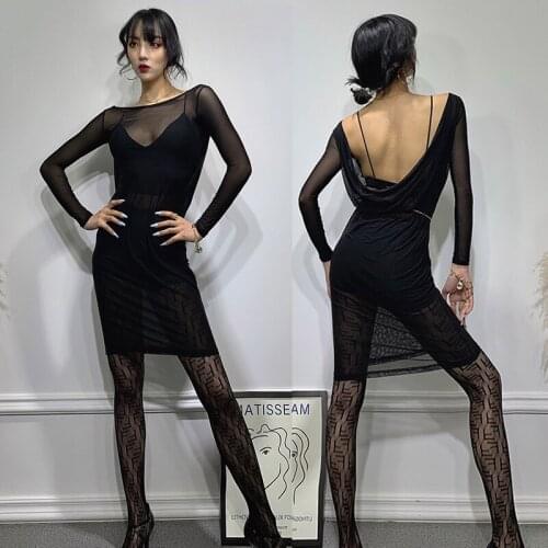 Womens Sexy Dancing Dress Latin Dance Wear Black Dress Backless Mesh Sleeve Party Dancer Modern Samba Performance Costume BI935