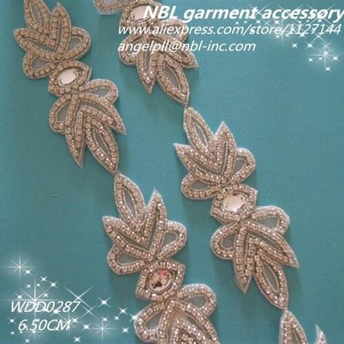 10 YARDS) Wholesale bridal beaded silver clear rhinestone trim applique iron on for wedding dress garment sash bagWDD0287