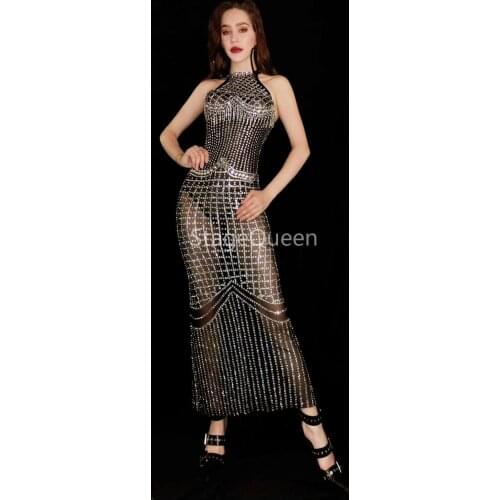 2020 Flashing Silver Rhinestones See Through Black Dress Bar Prom Party Birthday Celebrate Dress Dance Outfit Long DS DJ Dresses
