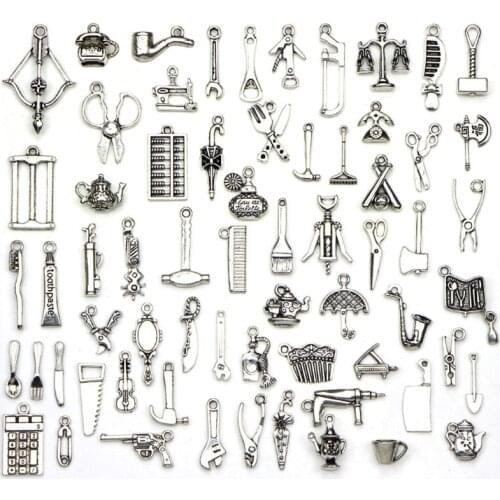 50pcs Tibetan Silver Plated Mixed Wrench Axe Scissors Tool Charms DIY Pendants Craft Charms Bracelets Accessories Findings