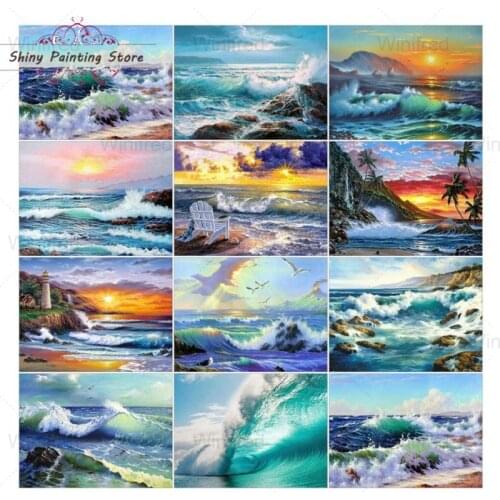 5D Full Square Round Diamond Painting Sea Wave Seaside Scenery Diamond Embroidery Picture Of Rhinestone Handmade Home Decoration