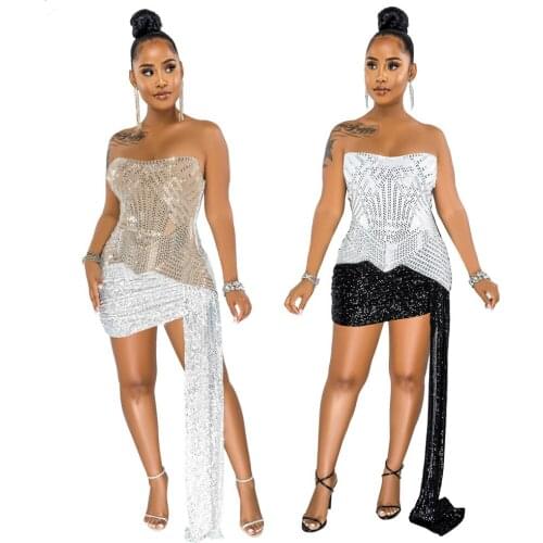 Adogirl Women Diamonds Strapless Bodycon Mini Dress Night Club Wear Sexy Short Vestidos Party Robes Female Clothing 2021