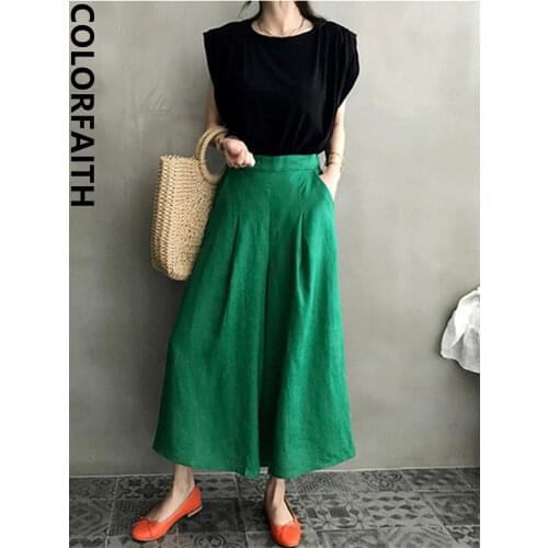 Colorfaith New 2020 Women Summer Trousers Pantskirt High Elastic Waist Casual Cotton and Linen Wide Leg Ankle-Length Pants P6673