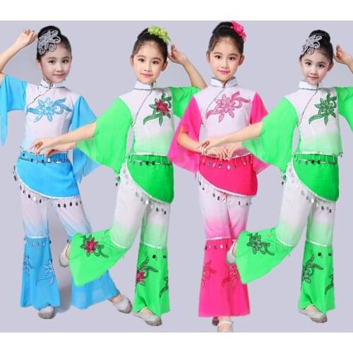 Chinese style Hanfu hmong childrens classical dance costumes girls fan dance costumes childrens Yangko dance clothes